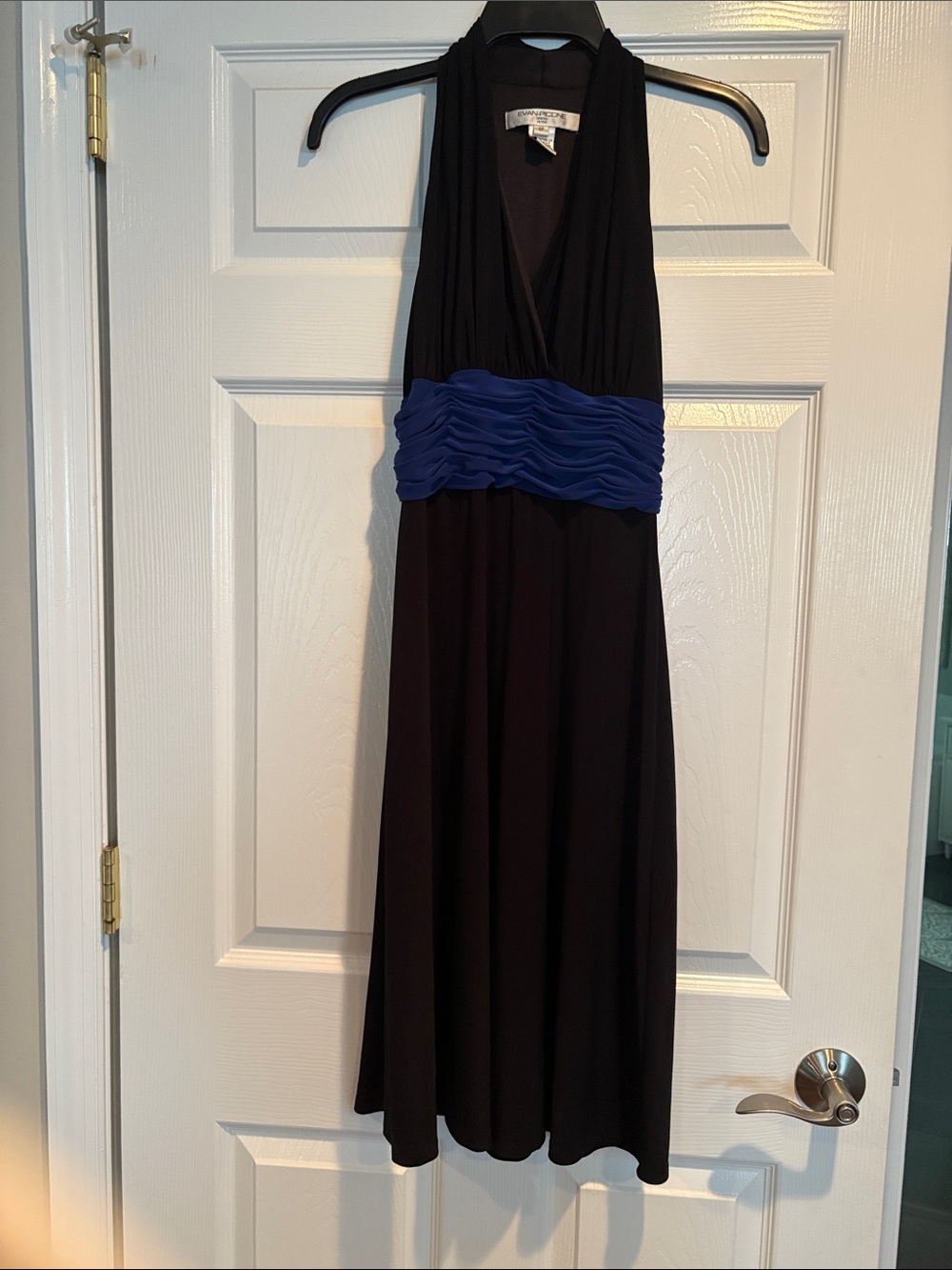 Evan Picone Black Halter Midi Dress with Royal Blue Ruched Waist